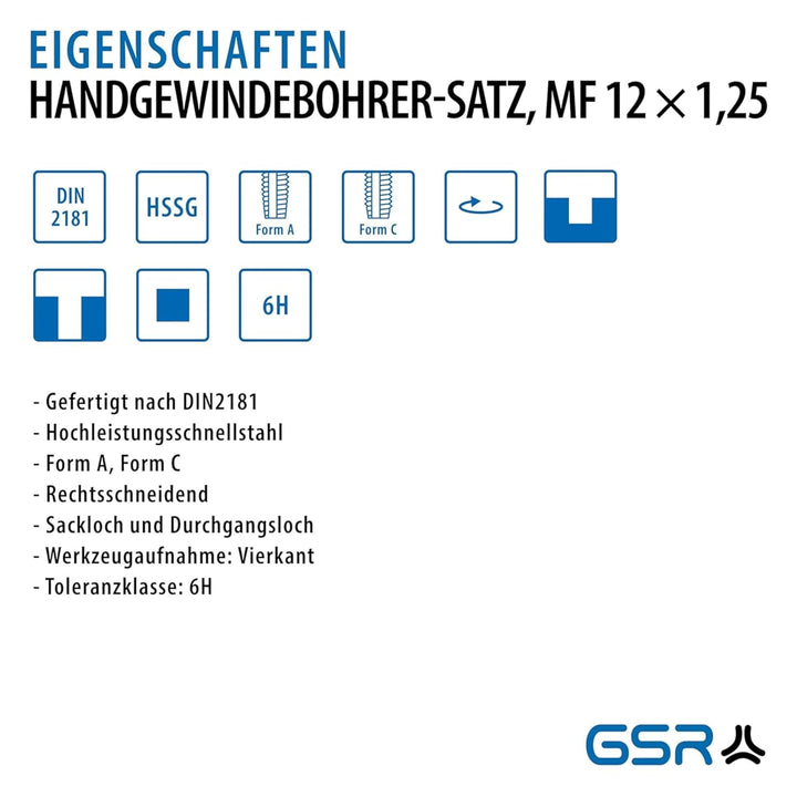 Handgewindebohrer Satz MF12 | 2-teilig | DIN 2181 HSS-G | Gewindeschneider MF 12 x 1,25 | Gewindeboh