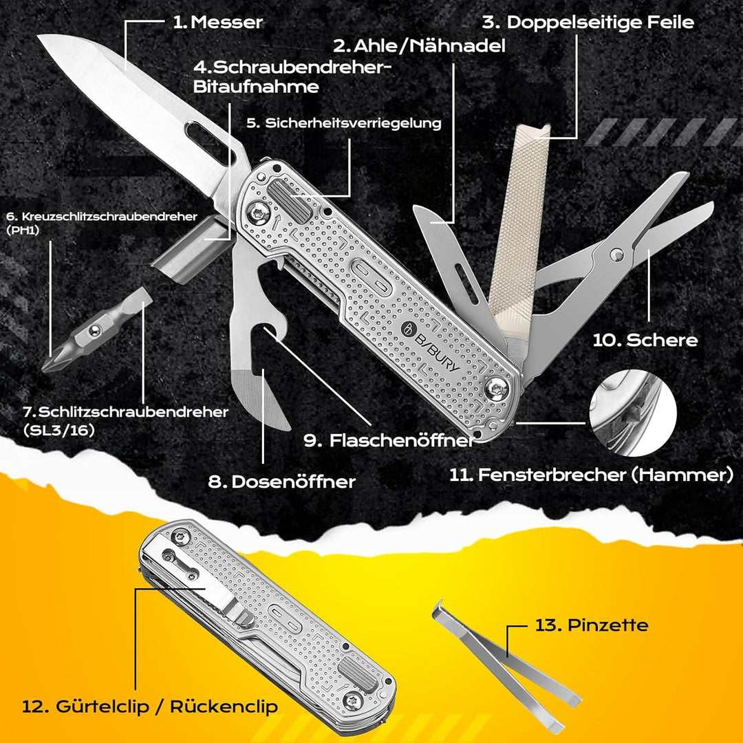 BIBURY Geschenke für Männer, Multitool EDC Taschenmesser, Survival Messer Edelstahl, Messer Outdoor,