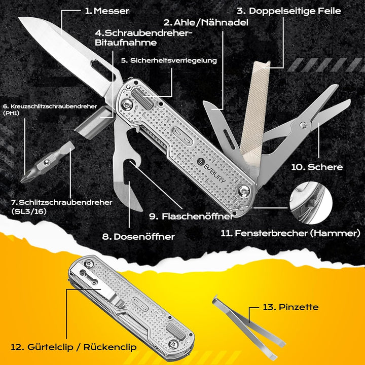 BIBURY Geschenke für Männer, Multitool EDC Taschenmesser, Survival Messer Edelstahl, Messer Outdoor,