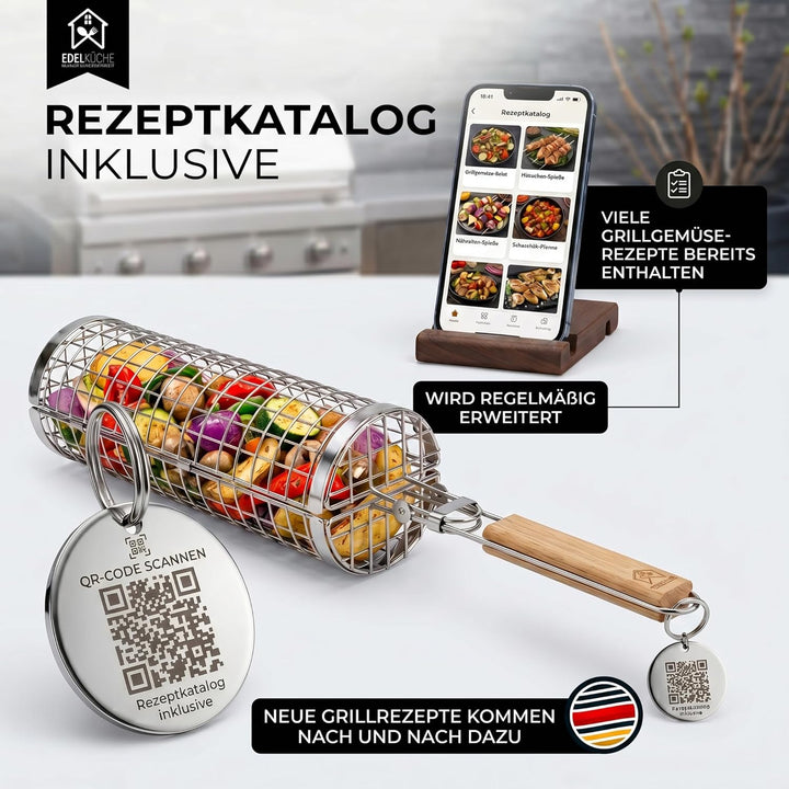 EdelKüche Premium Grillkorb aus Edelstahl für Gemüse und Fleisch | XXL, Rund, Zylindrisch, Gross | D