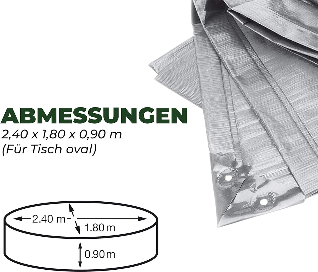 Rainexo Schutzhülle Hochreissfest für 1 Tisch oval, 2.40 x 1.80 x 0.90 m, silber / grau