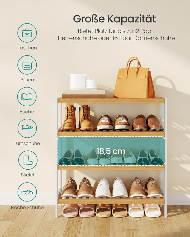 SONGMICS Schuhregal aus Bambus, Schuhablage mit 4 Ebenen, Schuh-Organizer, Regal für Schuhe, Pflanze