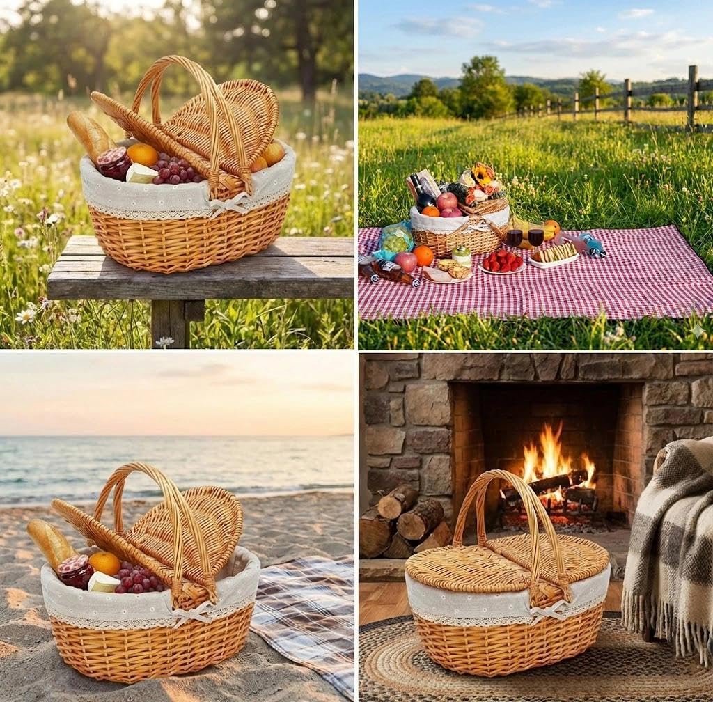 Picknickkorb,weidenkorb,Picnic Basket,Korb mit Deckel,Handgefertigt, geeignet für Camping, Picknicks