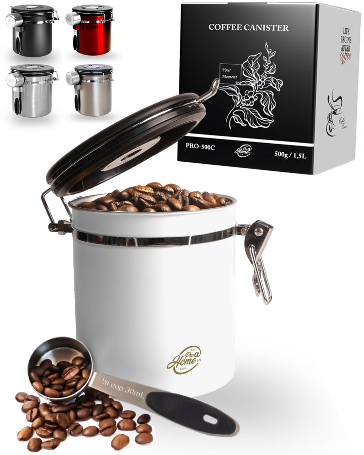 Kaffeedose luftdicht 500g - Weiss - Kaffeebohnen Vorratsbehälter 1,5L aus Edelstahl mit Kalenderfunk