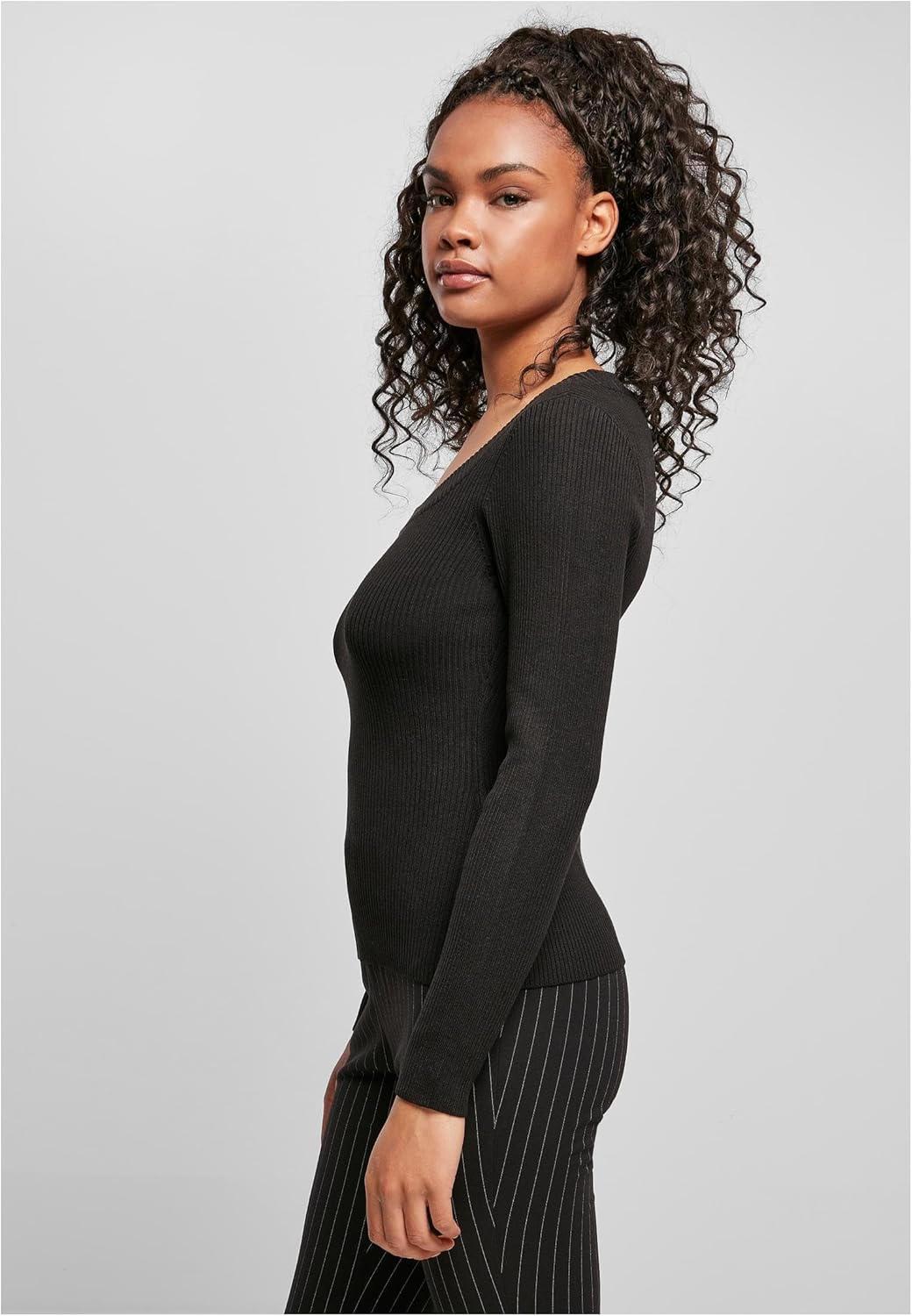 Urban Classics Ladies Wide Neckline Sweater Frauen Sweatshirt schwarz Basics, Streetwear XS Schwarz,