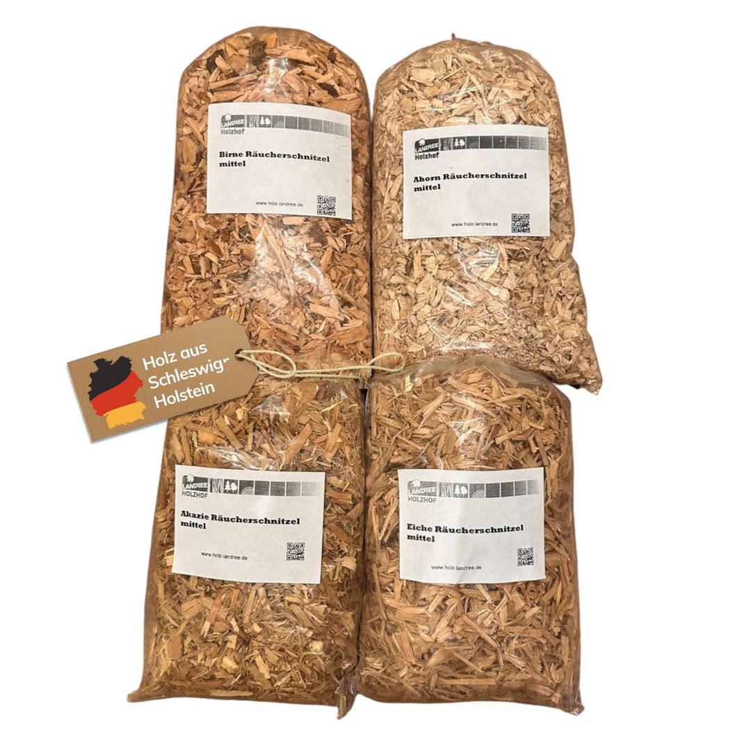 Landree® Starter-Set Räucherschnitzel Vegetarischer Genuss – 4x2L Akazie, Ahorn, Birne, Eiche – BBQ