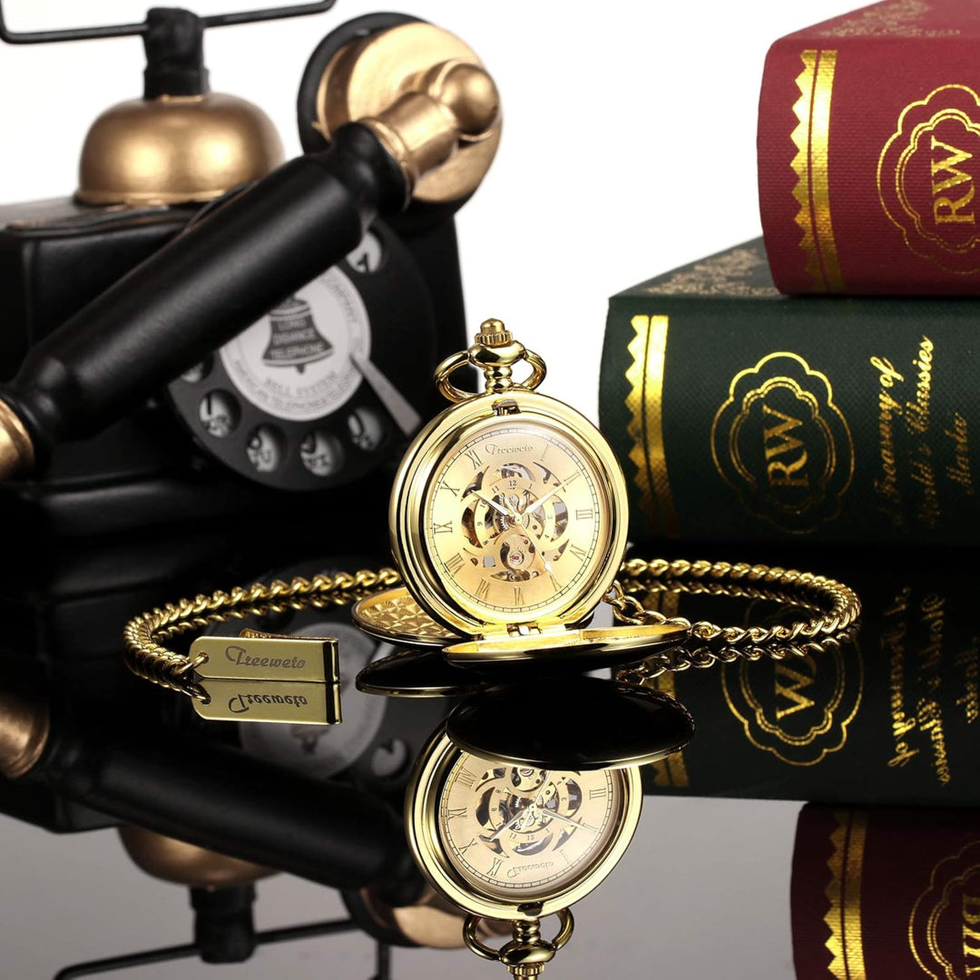 TREEWETO Taschenuhr Unisex Taschenuhr mit Kette Analog Mechanisch Handaufzug Doppelscharnier Antik R