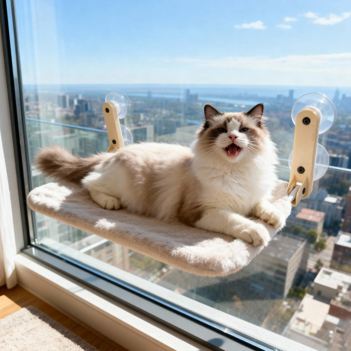 Pet Prime Katzen Fensterliege – 85mm Saugnäpfe &amp; 20kg Tragkraft, Edelstahl-Gestell, 2 Abnehmbare Bez