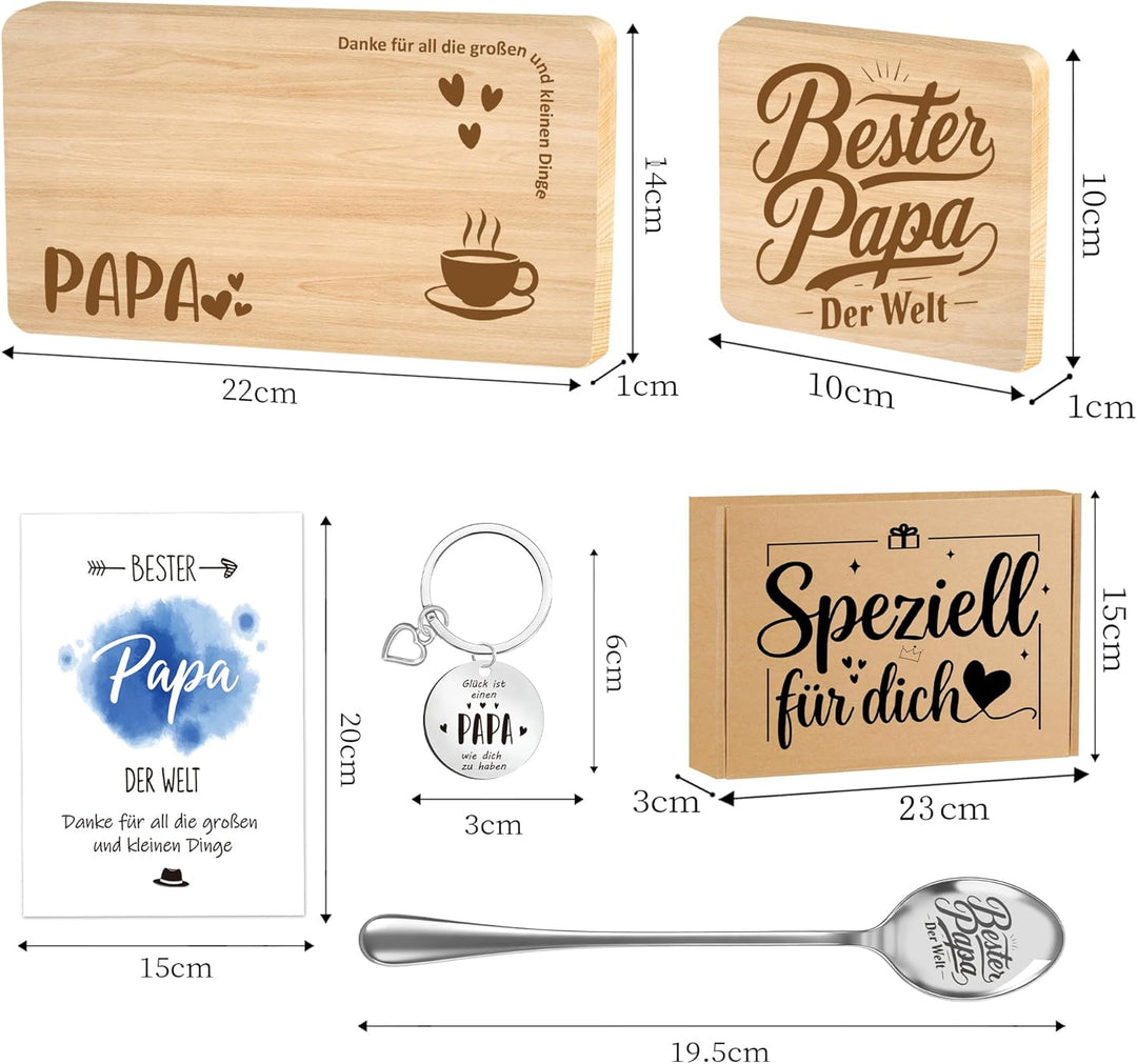 PAPA Geschenk – Holz-Servierbrett, Untersetzer, Edelstahl-Löffel, Schlüsselanhänger & Grusskarte | L