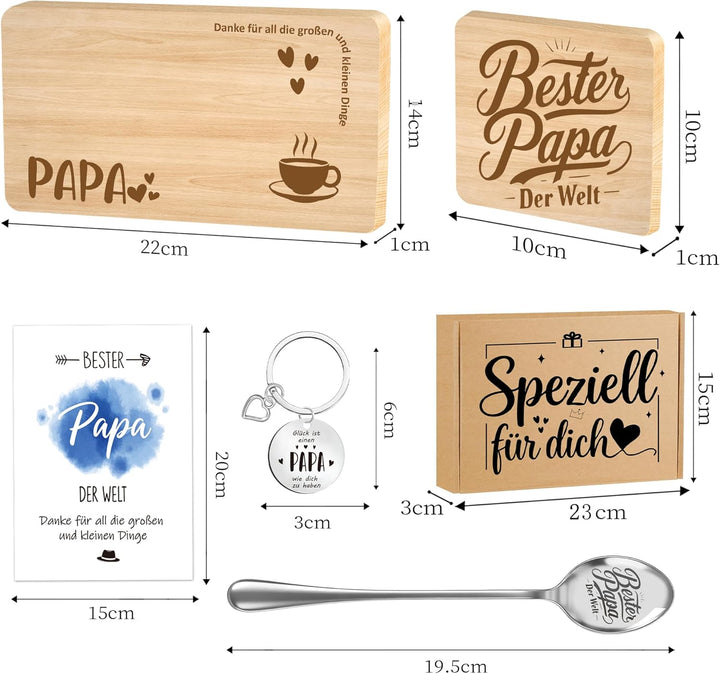 PAPA Geschenk – Holz-Servierbrett, Untersetzer, Edelstahl-Löffel, Schlüsselanhänger & Grusskarte | L