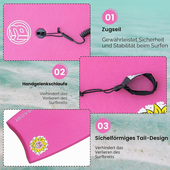 Bodyboard, leichtes 94,4 cm Bodyboard mit EPS-Kern, Premium-Leine und Handgelenkschlaufe, Surfen für