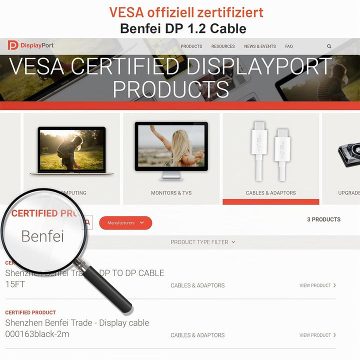 BENFEI [VESA zertifiziert] DisplayPort DP 1.2 Kabel 3M 4K, 2 Stück DisplayPort auf DisplayPort Kabel
