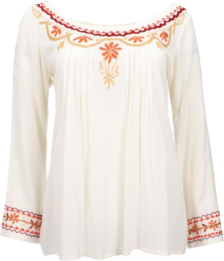 GURU SHOP Bestickte Elfenbluse, Boho Damenbluse 42 Cremeweiss, 42 Cremeweiss