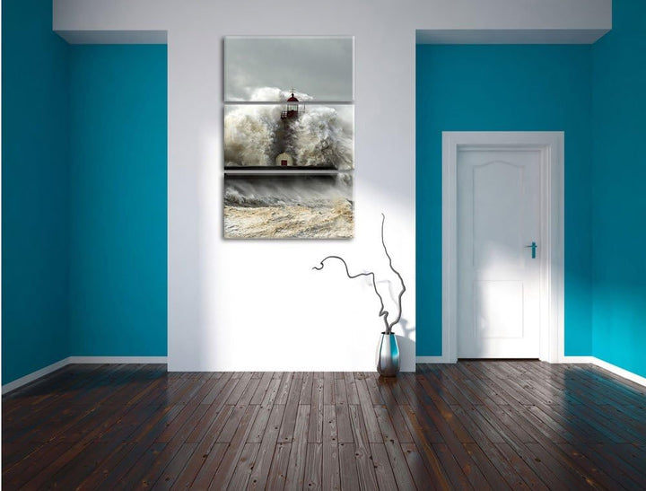 Pixxprint Leuchtturm im Sturm als Leinwandbild - Grösse: 3-Teilig (120x80cm) - Wandbild - Kunstdruck