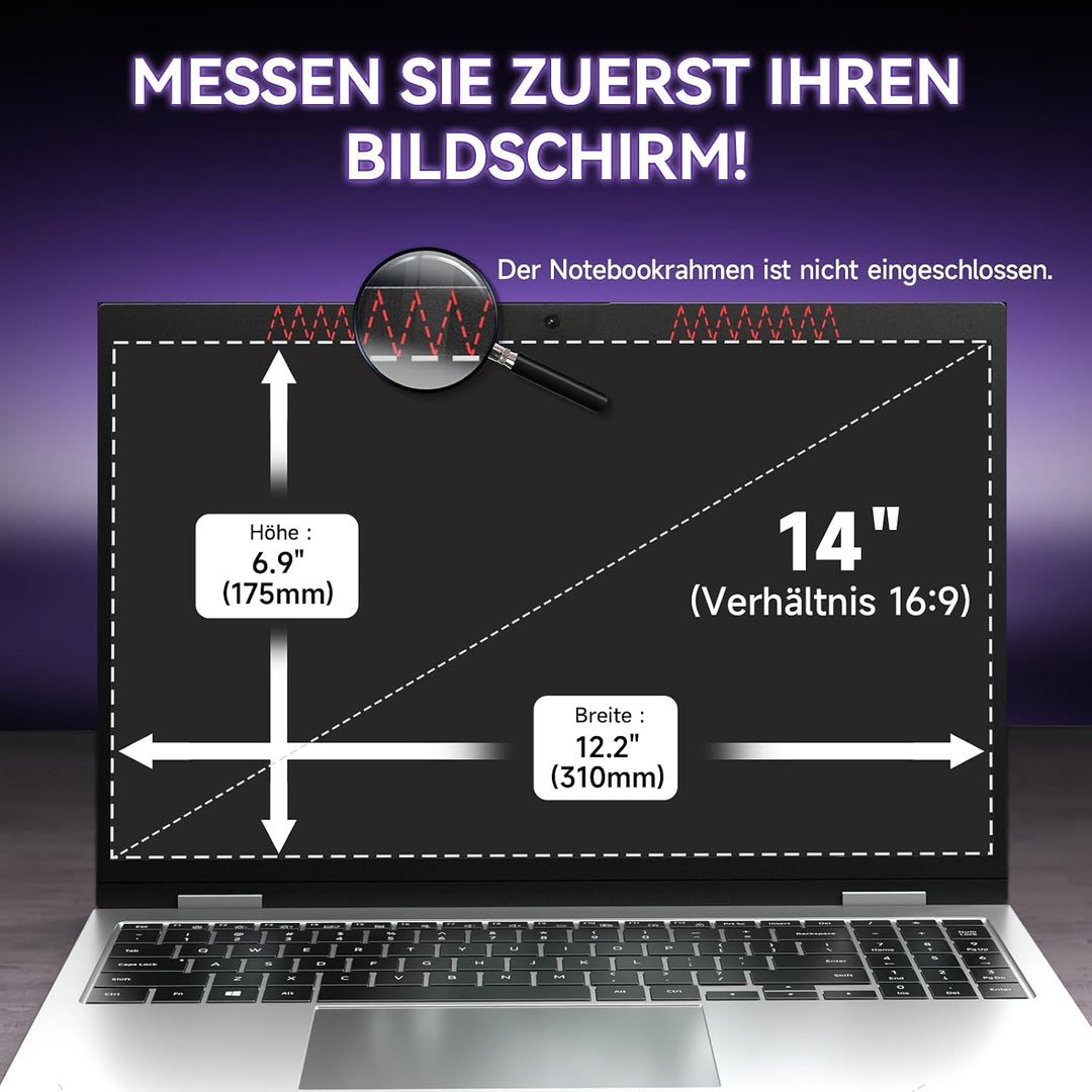 Blickschutzfolie für Laptop 14 Zoll 16:9, Anti Glare & Blaulichtfilternd, Mit Randseitigen Klebestre