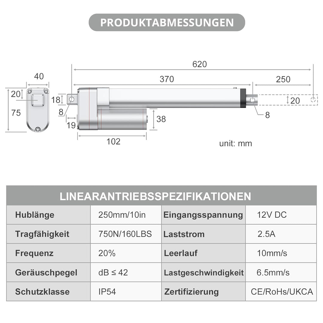 Justech Linearmotor Verstellantrieb Toröffner Linear Actuator Motor 12v DC 750N 250mm Lineartechnik