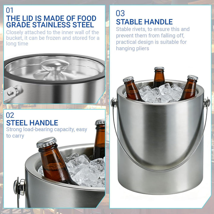 Eiswürfelbehälter mit Deckel, Sieb und Zange, Edelstahl Eiskübel Doppelwandiger Isolierter Eisbehält