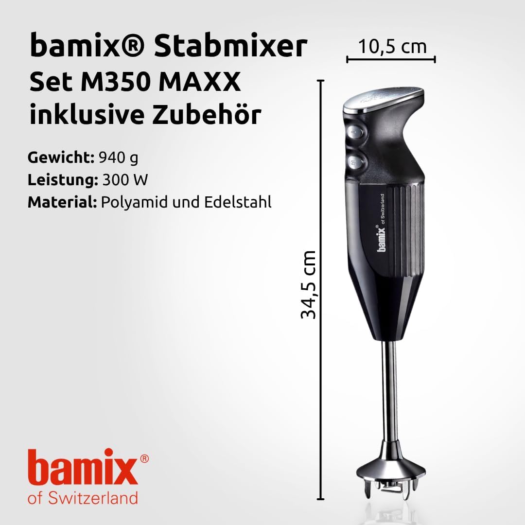 bamix Stabmixer Set M350 MAXX inkl. Ständer, 2 Becher, 4 Aufsteckteile, Processor, Spachtel, Reinigu