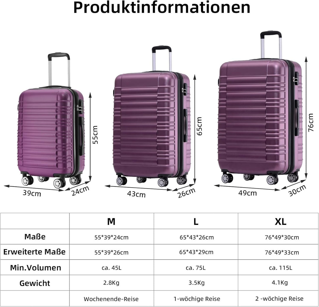 BEIBYE Zwillingsrollen Reisekoffer Koffer Trolleys Hartschale M-L-XL-Set (Violett, XL), XL