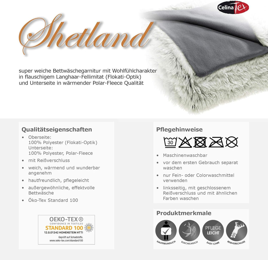 CelinaTex Shetland Bettwäsche 140 x 200 cm 2-teilig grau Polar-Fleece Bettbezug Flokati Optik Bett G