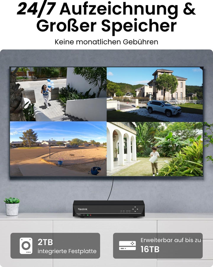 Reolink 4K Überwachungskamera Aussen Set, 8CH Videoüberwachung mit 4X 8MP PoE IP Kamera und 2TB HDD