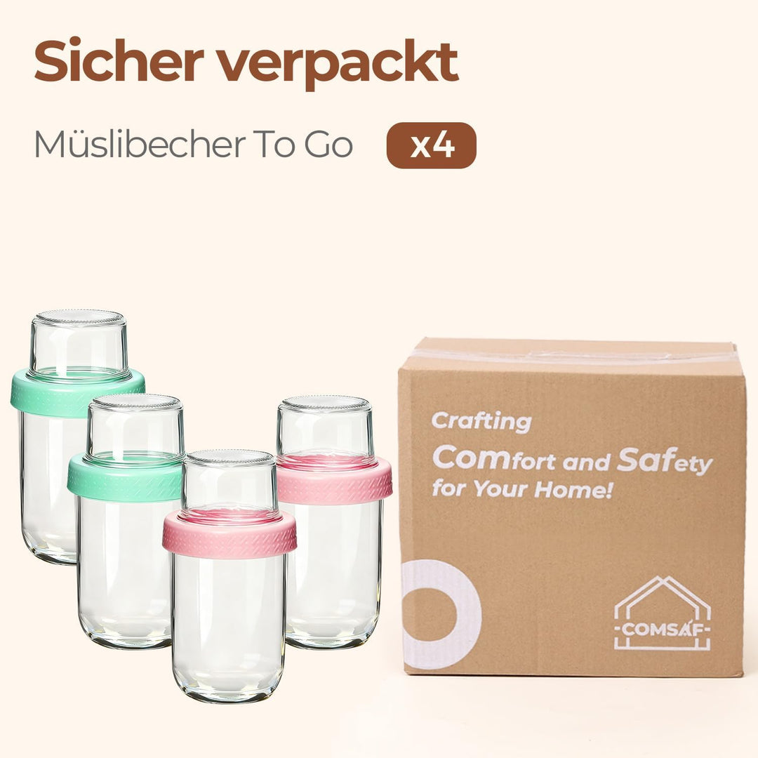 ComSaf 4er Overnight Oats Gläser, 480ml+120ml Müslibecher to go, Joghurtbecher mit Doppelschicht-Des