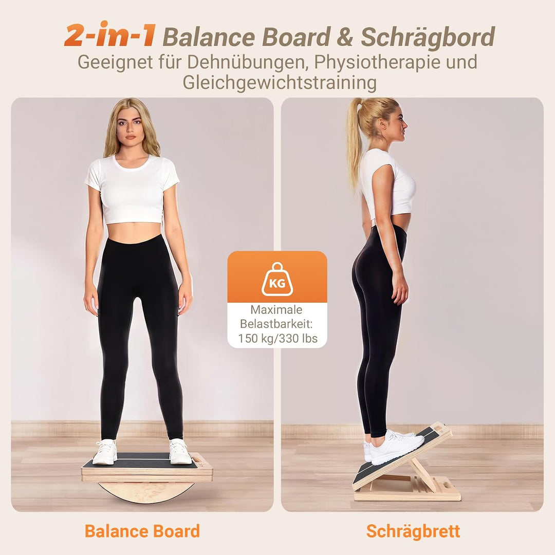 2 in 1 Balance Board &amp; Slant Board, Verstellbar Wadendehner Schrägbrett Holz mit 2 Widerstandsbänder