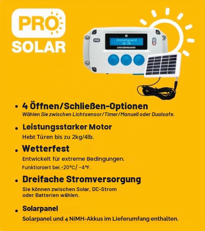 ChickenGuard Automatischer Hühnerstall Türöffner, betrieben mit Solarenergie/Batterien/Strom. Timer/