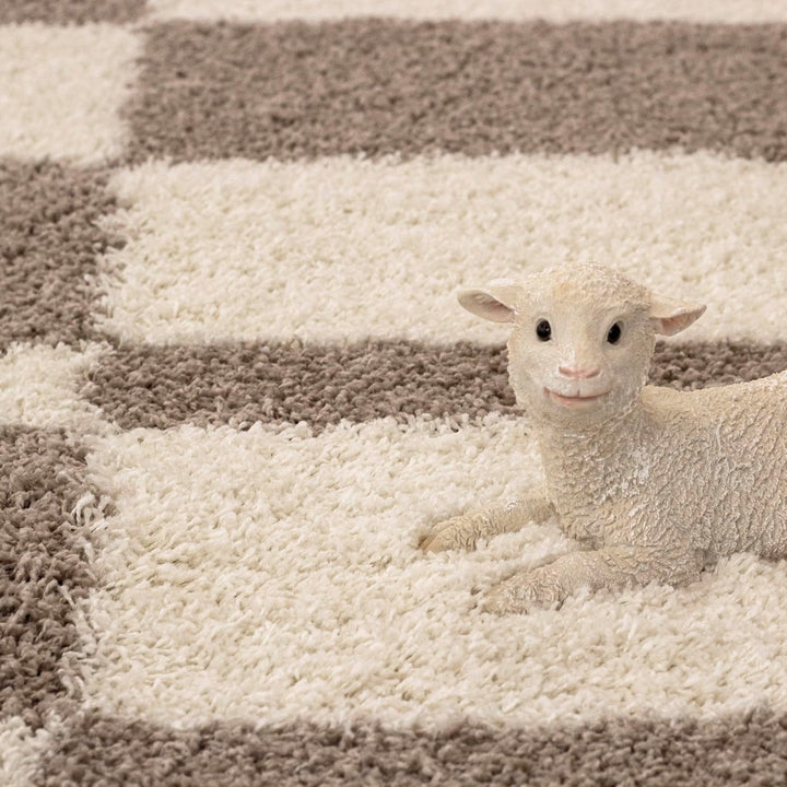 Carpetsale24 Teppich Wohnzimmer Moderne Kariert Design Shaggy Flokati 140 x 200 cm Beige-Creme - Hoc
