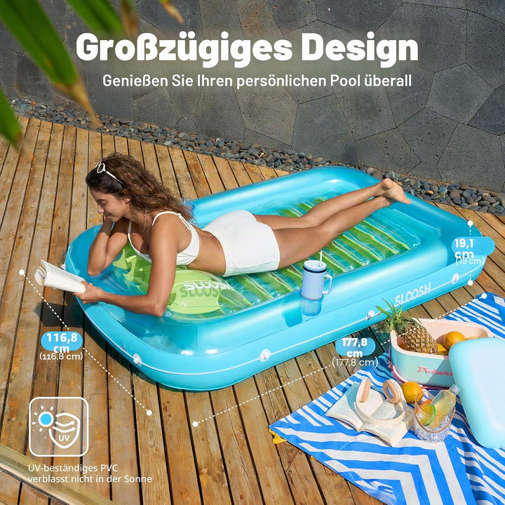 Sloosh Inflatable Sun Pool Lounge Float, Suntan Tub Raft Float, Tanning Pool with Removable Cushion,
