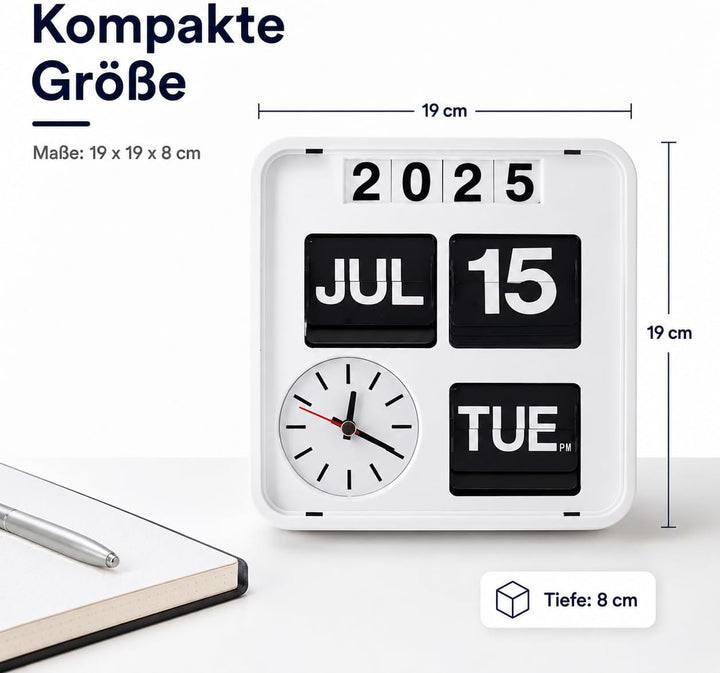 Eurotime 80005-00 Retro Tisch- &amp; Wanduhr mit Voll-Datumsanzeige inkl. Jahr, Quarzuhr im Klappkarten-