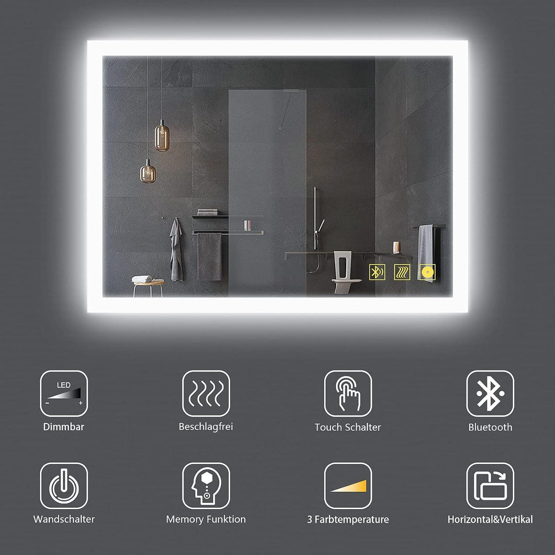 AI-LIGHTING Badezimmerspiegel mit Beleuchtung 80 × 60 cm Badspiegel mit Licht Bluetooth Lautsprecher