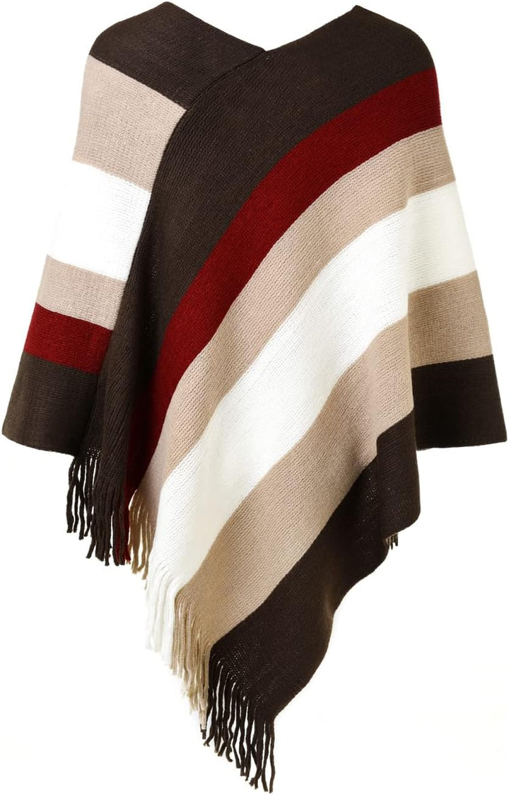 Ferand Damen Gestreifter Poncho Pullover Vielseitiger Schal zum Wickeln mit Fransen für Herbst und W