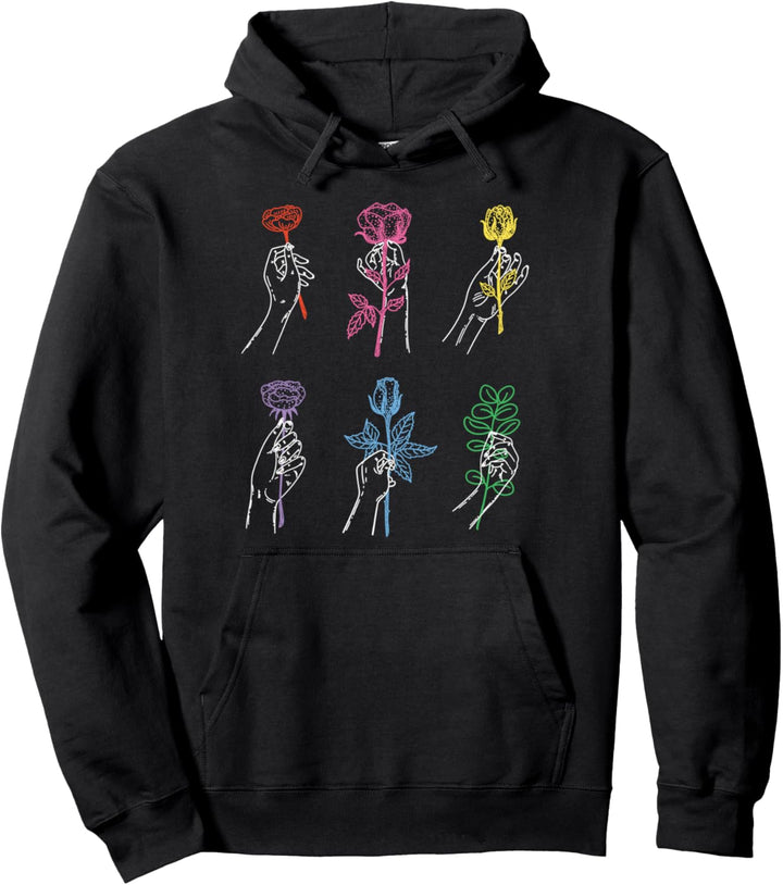 Ästhetisch Minimale Linienzeichnung Hände Rosen Regenbogen Pullover Hoodie