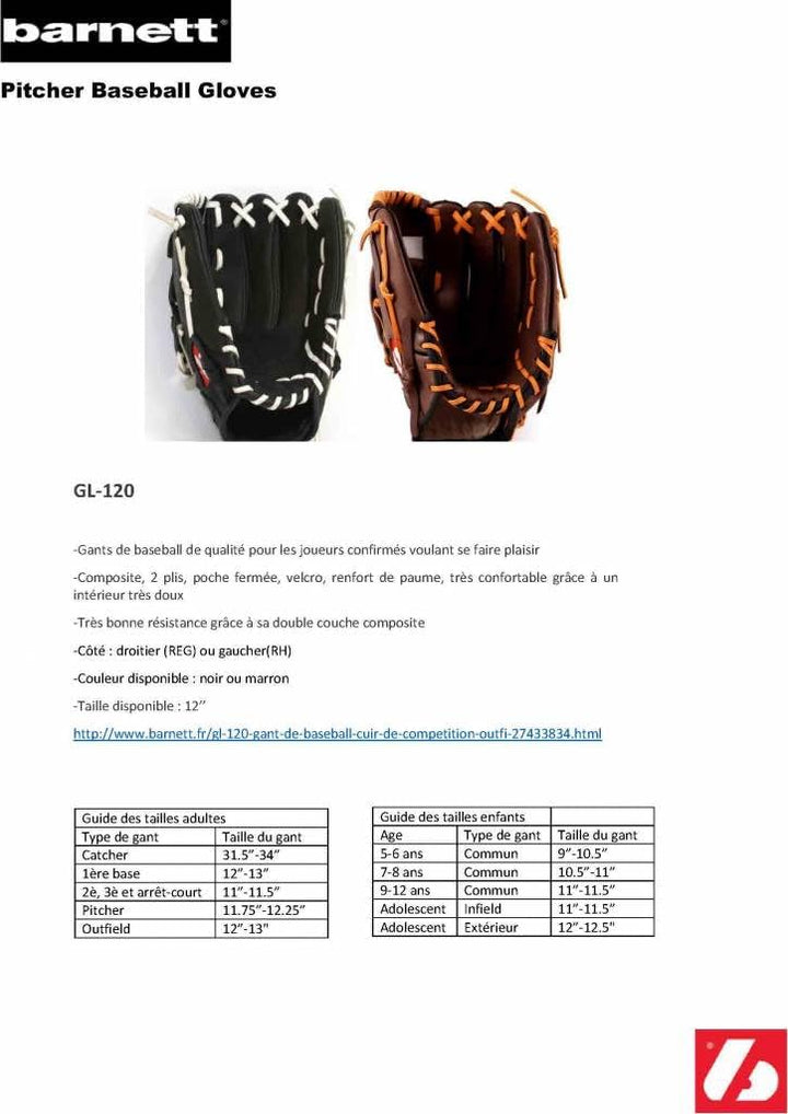 BARNETT GL-120 Baseballhandschuh, Leder, Wettkampf, Infield, schwarz, Baseball Rechte Hand Wurf, Rec