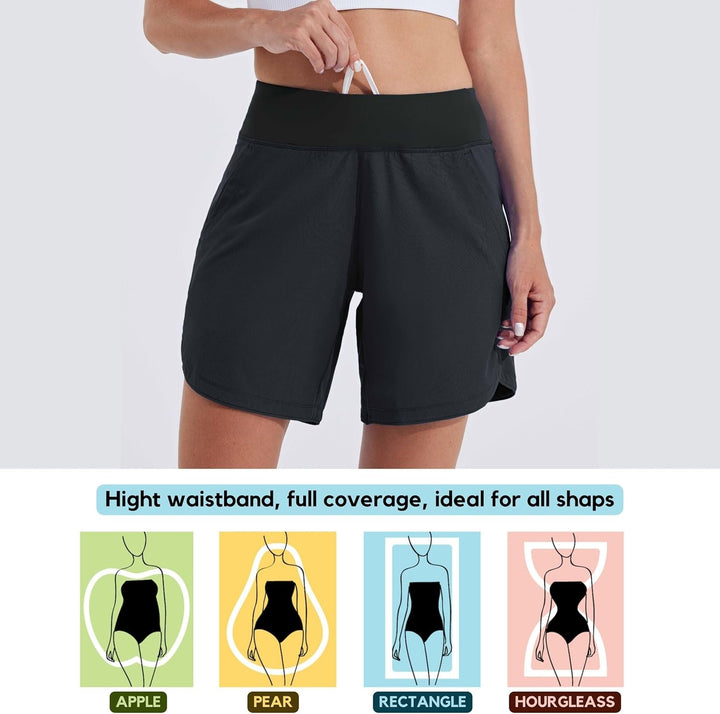 WILLIT Damen 7" Badeshorts Schwimmen Boardshorts Badehose Schnell Trocknend Bikini Shorts High Waist