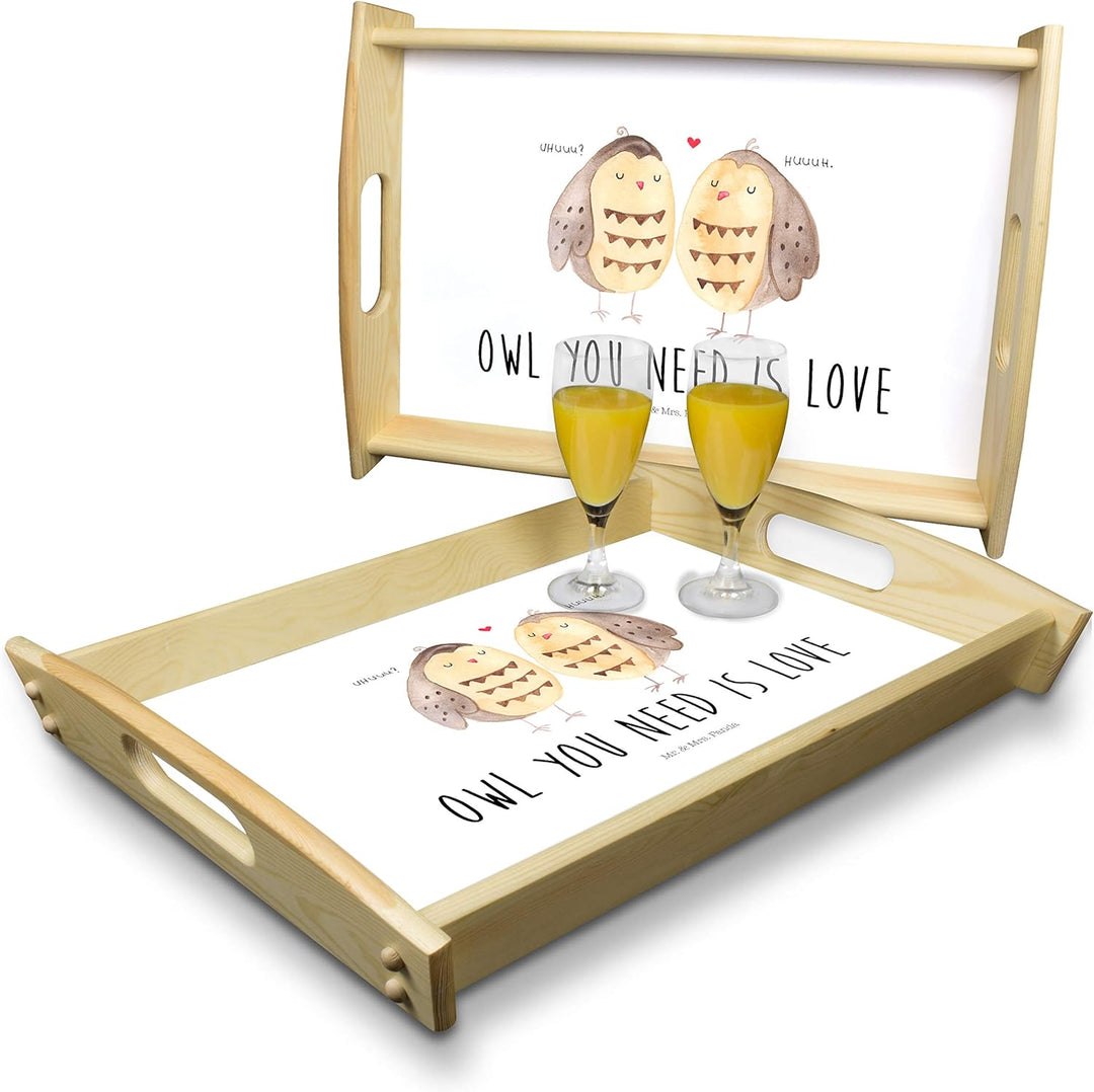 Mr. &amp; Mrs. Panda Sofa Tablett Eulen Liebe - Geschenk, Liebesspruch, Dekotablett, aus Holz, Verliebt,