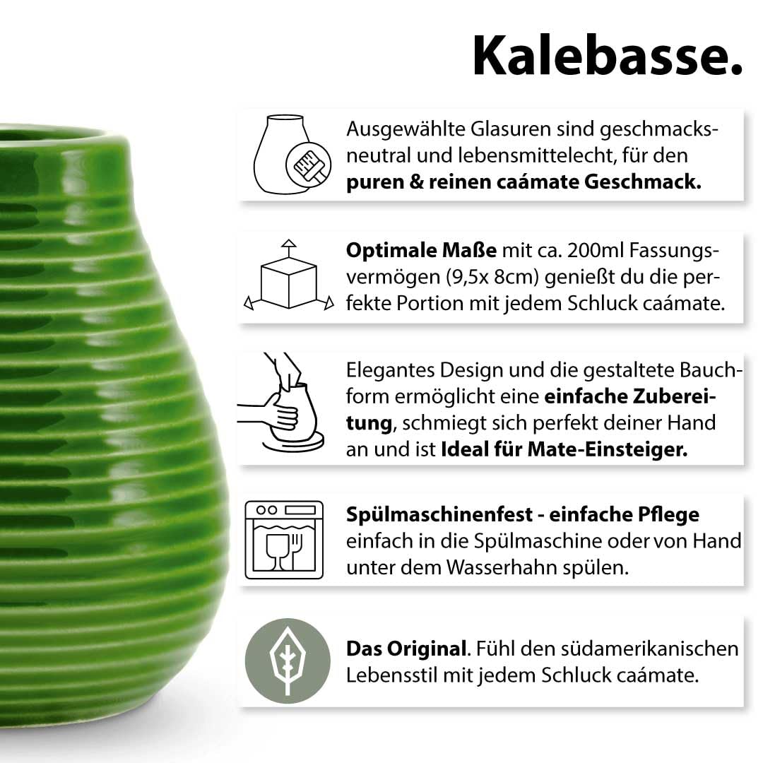 Mate Tee Set Keramik ● 3 Bio Matesorten + Matebecher + Bombilla + Zubereitungsanleitung (grün), grün