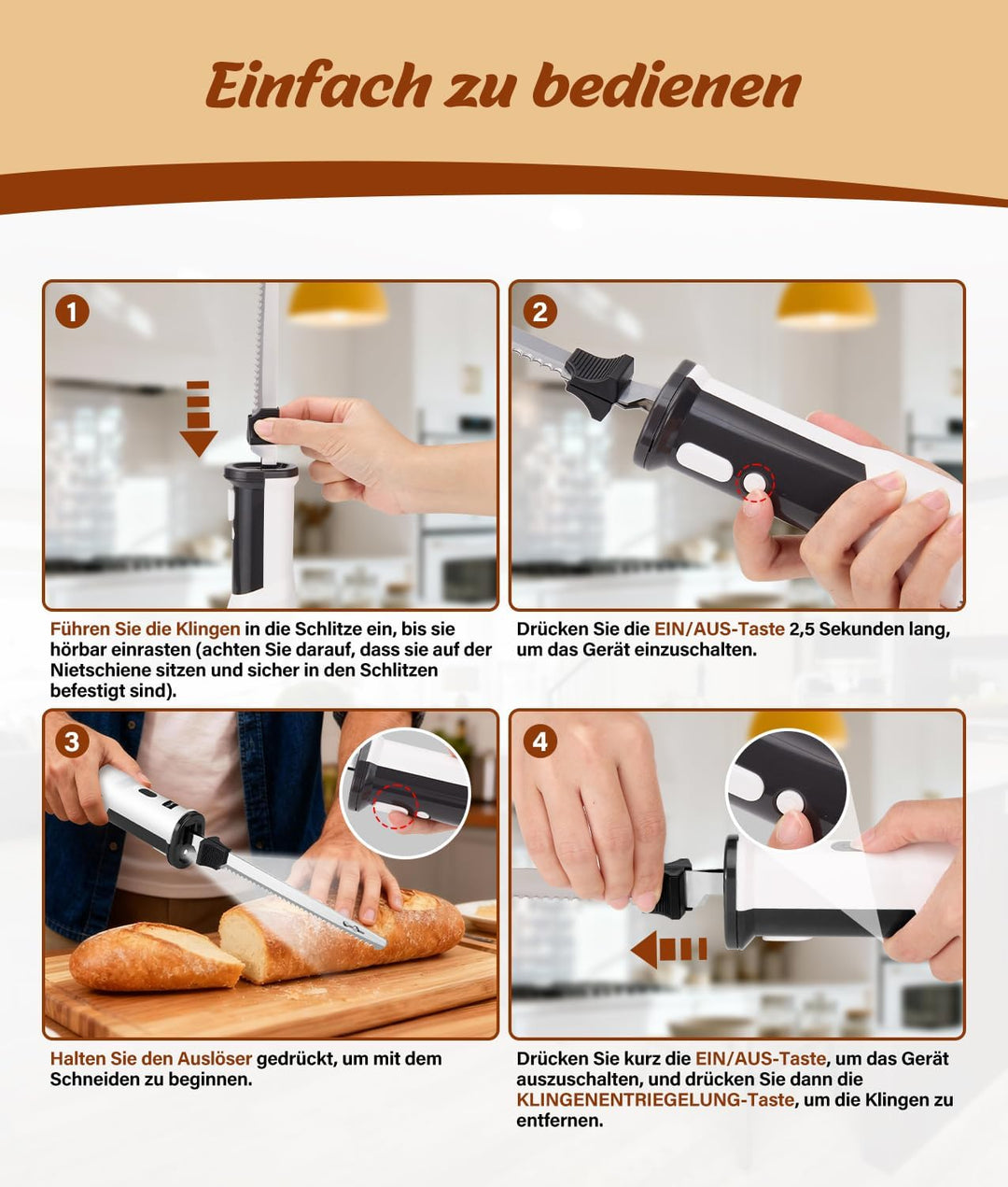 Elektromesser 8 V, Elektrisches Küchenmesser kabellos mit 2 scharfen Edelstahlklingen und Gabel, Sic