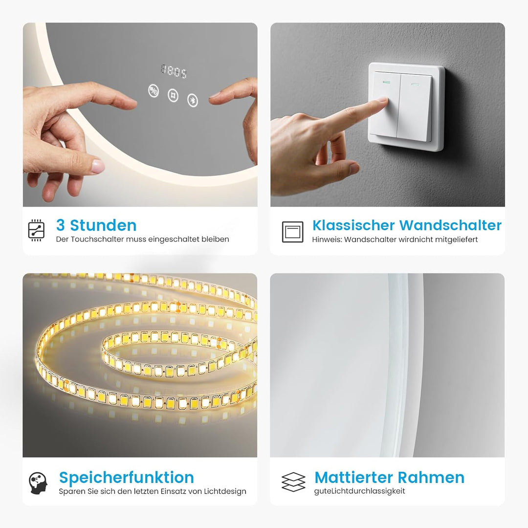 Heilmetz Bluetooth Badspiegel mit Beleuchtung Rund 60cm, LED Badezimmerspiegel mit Licht, Uhr, Antib