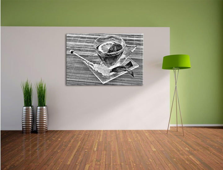 Pixxprint Tasse Tee mit Minze als Leinwandbild/Grösse: 100x70 / Wandbild/Kunstdruck/fertig bespannt,
