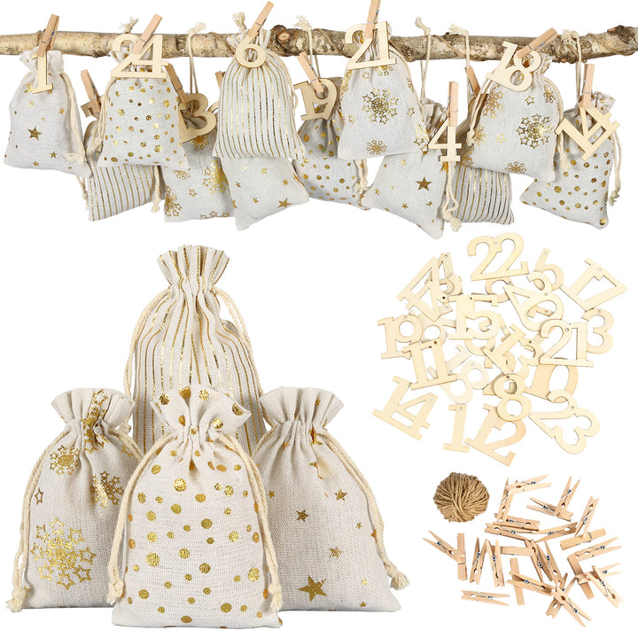 Papierdrachen 24 Adventskalender Stoffsäckchen zum Befüllen - mit XXL Holzzahlen von 1-24 - Geschenk