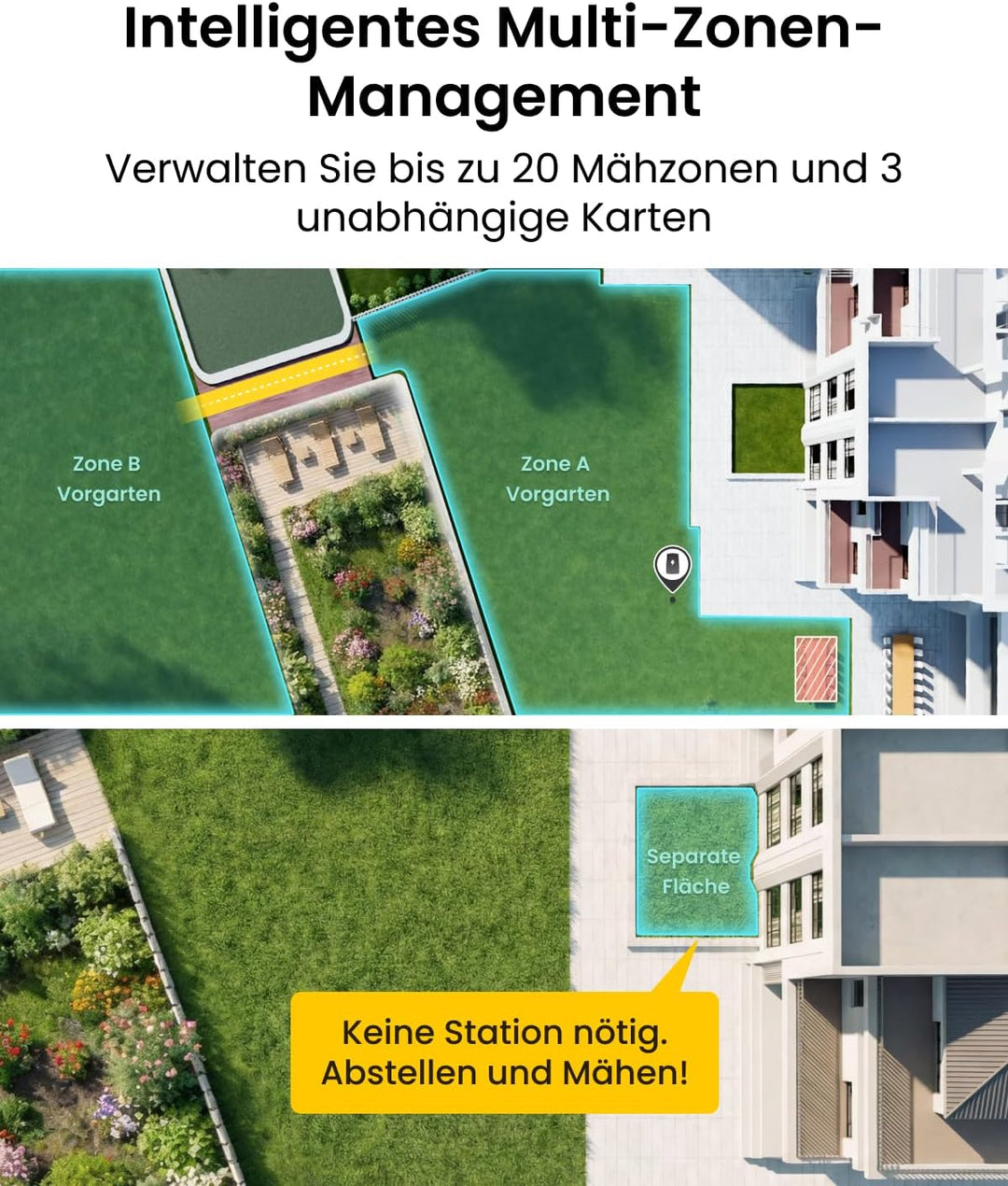 Terramow V1000 Mähroboter ohne Begrenzungskabel mit Garage, Tri-AI-Vision-Technologie ohne Draht-/RT