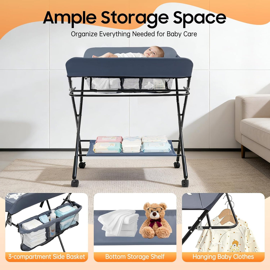 Wickeltisch Klappbar mit Rollen, Baby Wickelkombi Wickelkommode mit Wickelauflage, Sicherheitsgurt &amp;