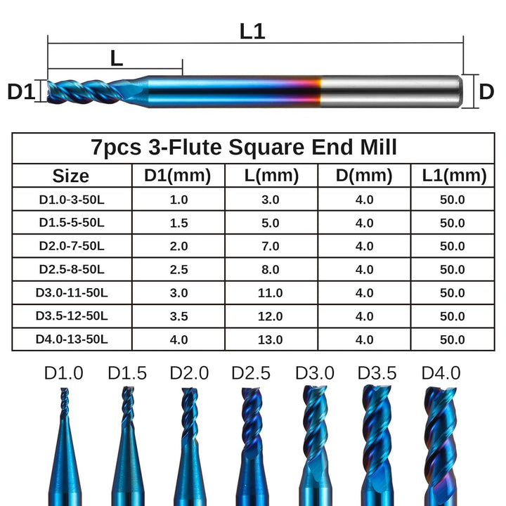 Genmitsu 7 Stücke 3 Flute Schaftfräser für Aluminium, Nano Blue Beschichtung CNC-Fräser-Bits, hohe V