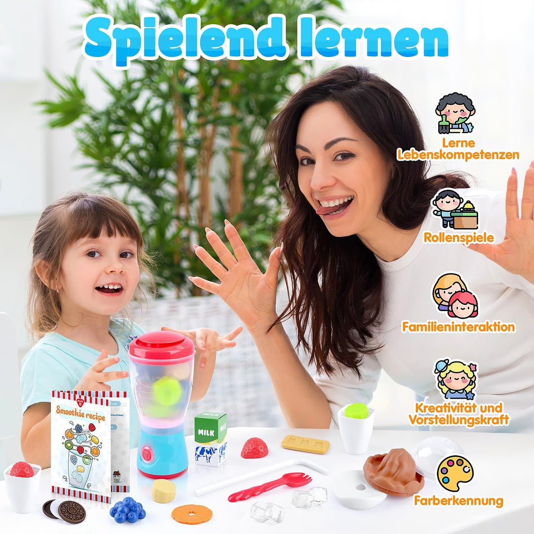 PLAY Smoothie Mixer für Kinder, Kinderküche Zubehör Set mit Mixer, Lebensmittel Spielzeug, Realistis