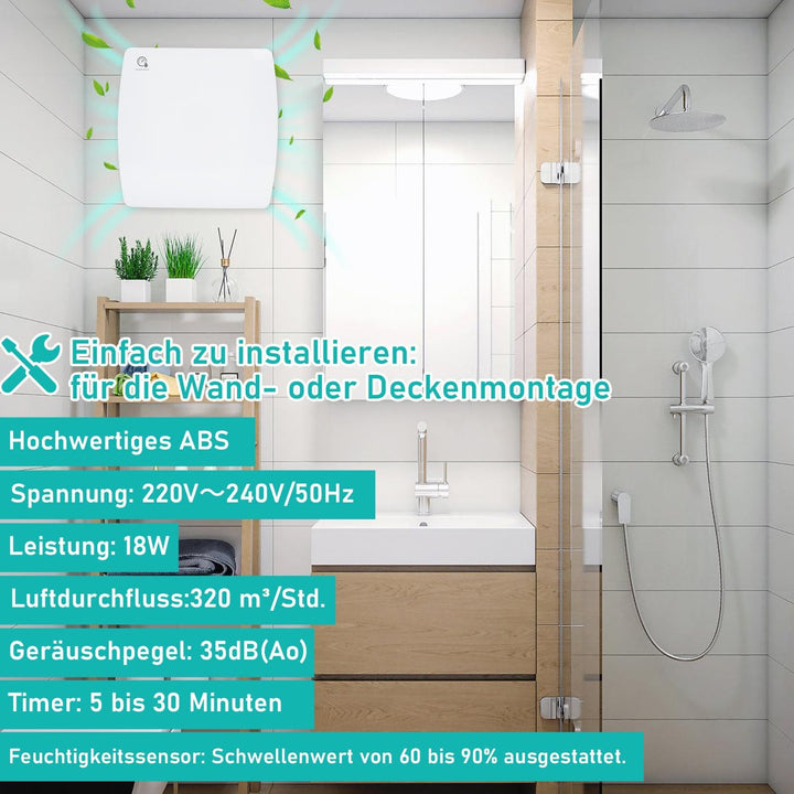 Badlüfter 150mm mit Feuchtigkeitssensor und Rückstauklappe timer, Bad Lüfter Badezimmerlüfter Abluft