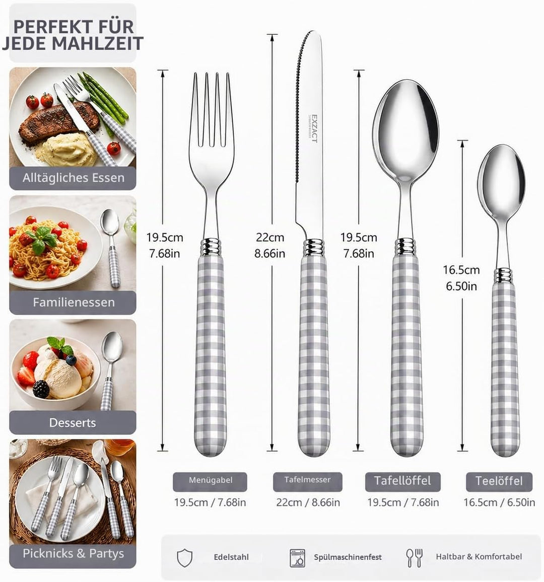 EXZACT Edelstahl-Besteck Set 24 Stück - Gingham Farbige Griffe - 6 x Tafelgabeln, 6 x Tafelmesser, 6