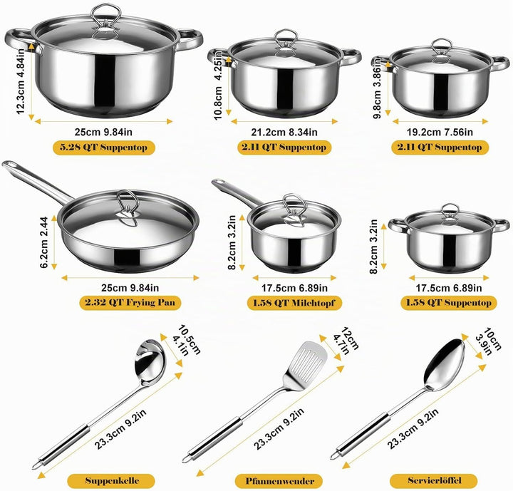 Hunnycook Topfset Induktion - 15-teilig, Starkbodig Edelstahl Töpfe Set, Inklusive Kochtöpfe, Bratpf