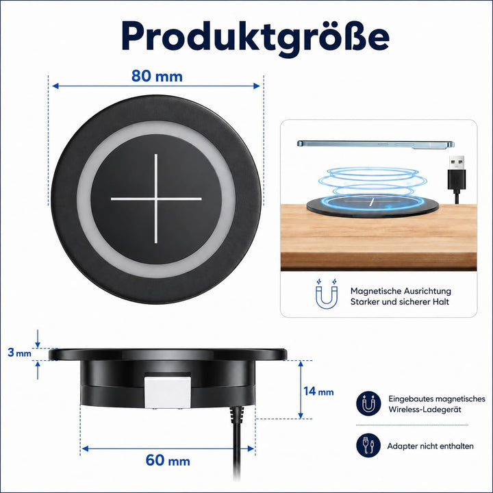 Magnetisches Induktionsladegerät zum Einbau, 15W kabelloses Qi Ladepad für Schreibtisch und Möbel, 6